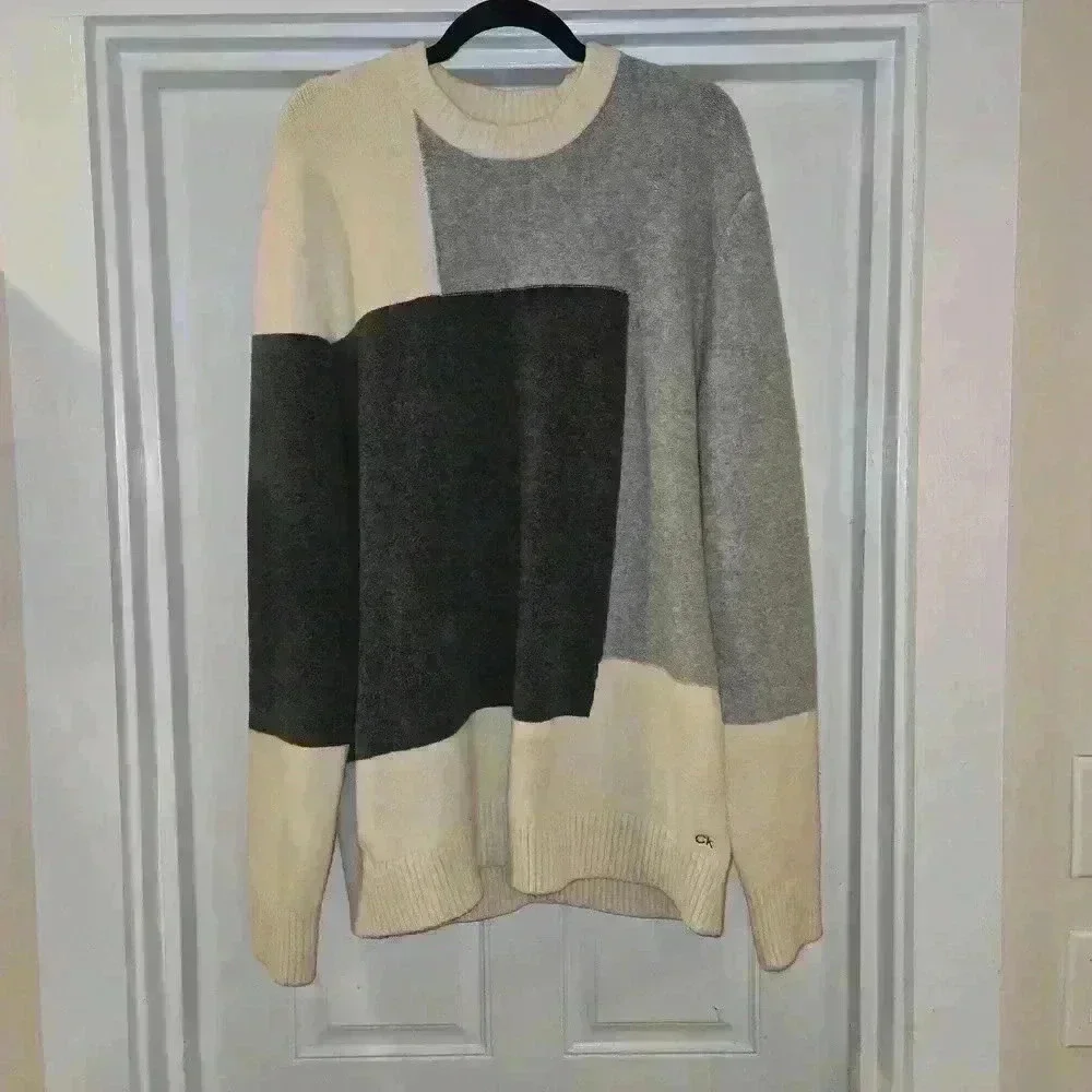 Calvin Klein Mens Relaxed Fit Color Block Crewneck Sweater Black Gray Size 2X